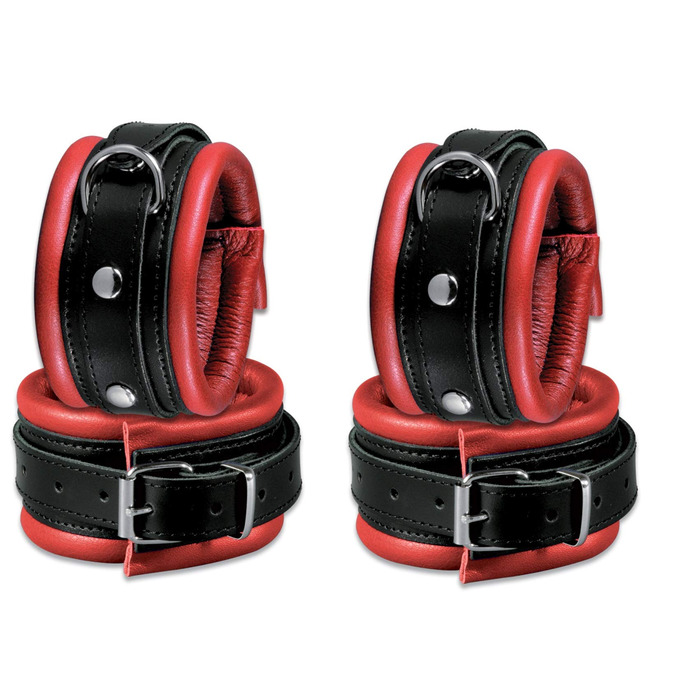 Набір для бондейжу з якісної шкіри: наручники, кайдани для ніг, з м'якою підкладкою, червоно-чорний
