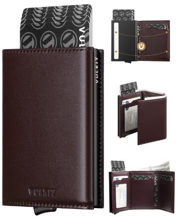 Шкіряний чоловічий картхолдер VULKIT з Pop-up механізмом, RFID-захистом, відділенням для купюр та вікном для ID-картки, колір Espresso