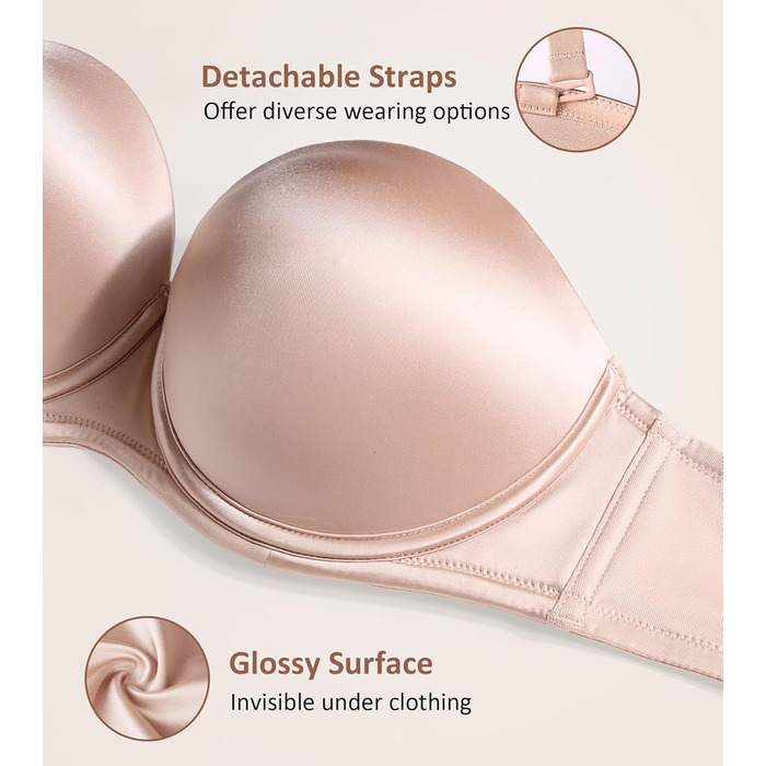 Бюстгальтер Lemorosy без бретелек з пуш-ап, великі розміри, сильний тримач, з підкладкою, мультивей, знімні бретелі, 85A, бежевий