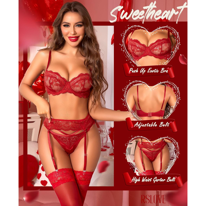 Комплекти спідньої білизни RSLOVE для жінок - сексуальна білизна, комплект бюстгальтера та трусиків, 3 штуки, червоний