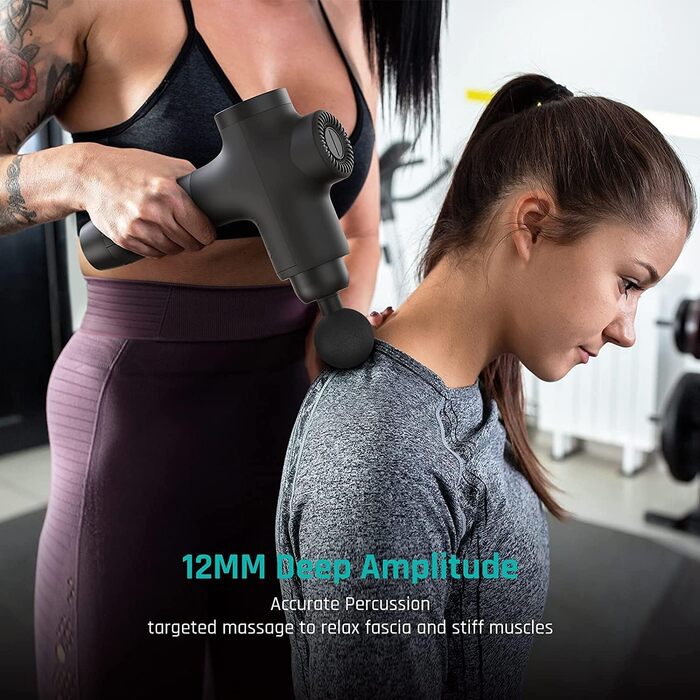 Перкусійний масажер Mebak 3 Massage Gun: електричний ручний масажер для м'язів та фасцій, 3200 об/хв, амплітуда 12 мм, 7 насадок, 5 рівнів інтенсивності, акумулятор 2600 мАг, чорний
