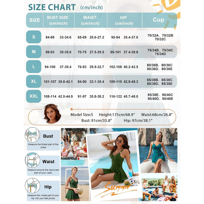 Зелений купальник суцільний Badeanzug Damen з V-подібним вирізом та push-up, для пляжу та басейну, розмір XXL