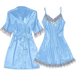 Жіночий халат-кімоно з мереживом, V-подібний виріз, сатиновий халат, нічна сорочка з довгим рукавом, комплект, нічна сукня, халат-кімоно, світло-блакитний, розмір S