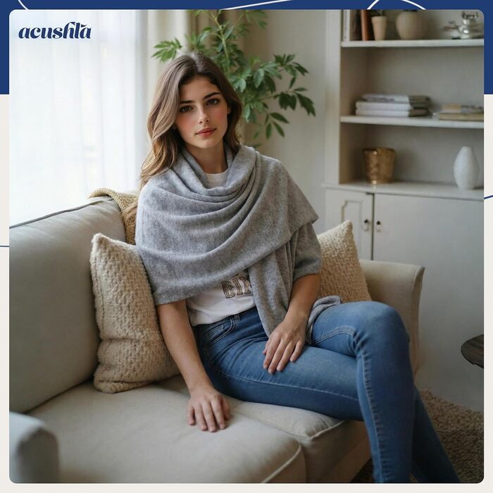 Жіночий шарф-пашміна ACUSHLA з 100% мериносової вовни, трикутна хустка-пончо стола (світло-сірий, 185x70 см)