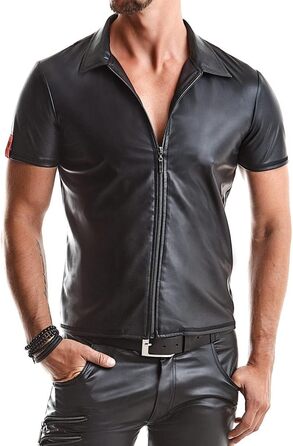 Чоловіча футболка поло з ефектом мокрого блиску, чорна, з коміром-стійкою та блискавкою, Slim-Fit, розмір S