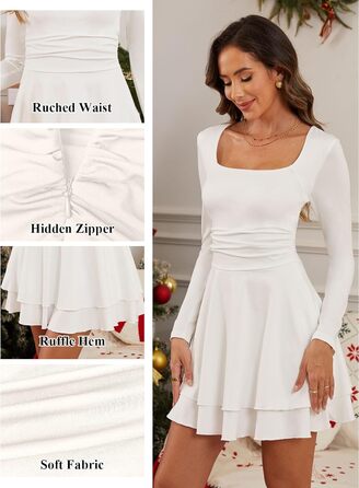 Біле міні-плаття з довгим рукавом, облягаюче, з рюшами, квадратний виріз, для вечірок та клубів