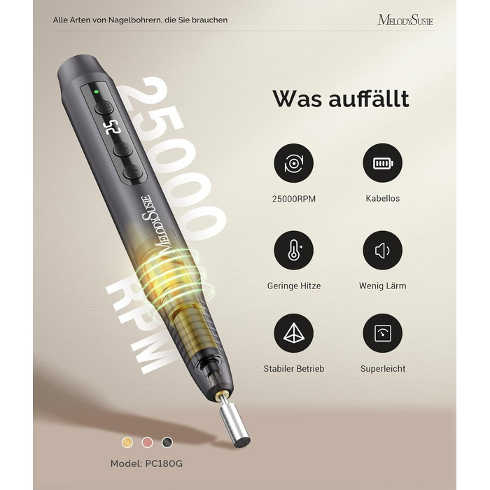 Професійний бездротовий апарат для манікюру та педикюру MelodySusie PC180G, електрична фреза для нарощених нігтів 25000 об/хв, 25 рівнів швидкості, LED-дисплей (Чорний)