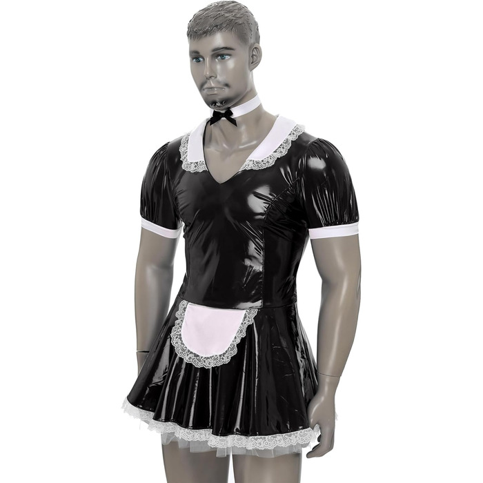 Костюм покоївки FEESHOW для чоловіків: латексне плаття з комірцем, чорний, 4XL. Ідеально для карнавалу, Хелловіну, косплею.