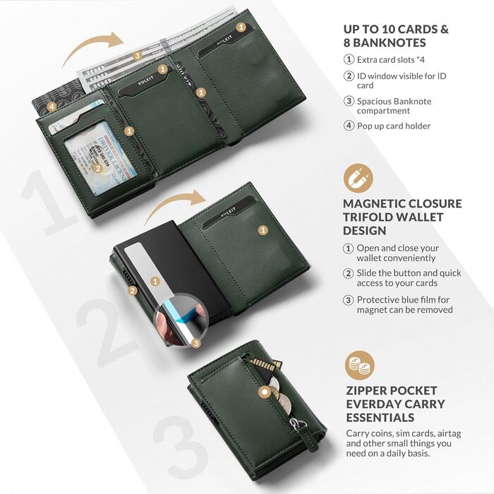 Шкіряний гаманець-картхолдер VULKIT з RFID-захистом, Pop-Up системою, відділенням для купюр, монет та вікном для ID (Оливковий)