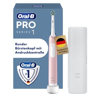 Електрична зубна щітка Oral-B Pro Series 1 (набір 2 шт.), 3 режими чищення, рожева та чорна, з 2 насадками та білим кейсом