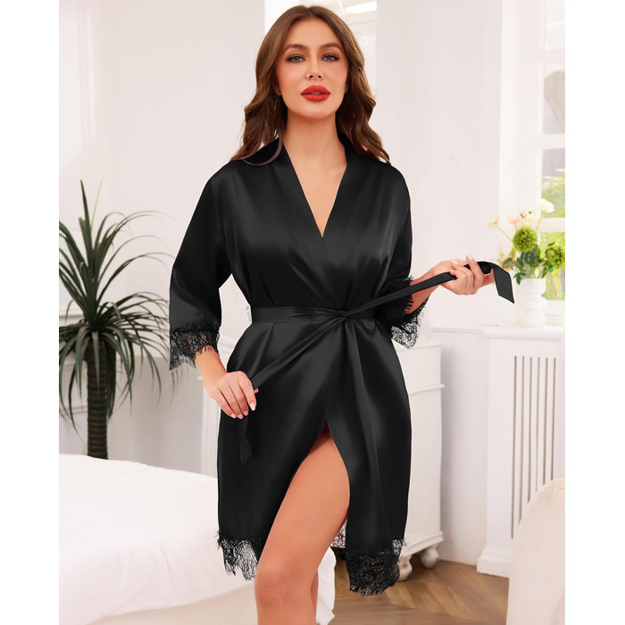 Кимоно жіноче коротке з мереживом Ovasy Satin Bademante, чорний, розмір L