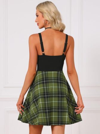 Allegra K: Сукня-батал з шнурівкою, готичний стиль, без рукавів, тартан, міні, зелений (хакі)