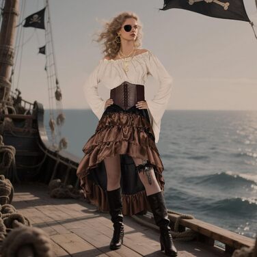 Костюм пірата для хлопчика: корсет у стилі Ренесансу, спідниця стимпанк, топ, аксесуари пірата, повний комплект для Хелловіну (M, Коричневий)
