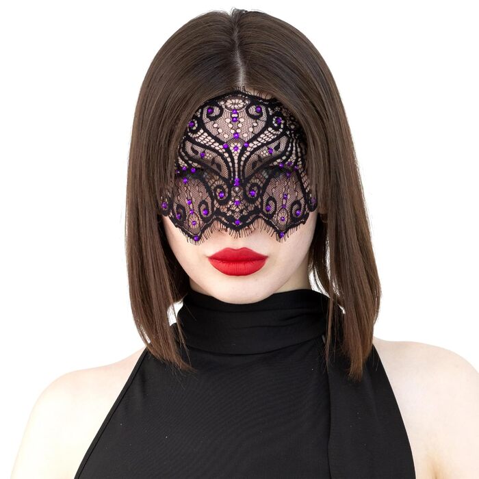Чорна мереживна маска для жінок з кристалами – елегантна венеціанська маска для маскараду, готичної вечірки, косплею, карнавалу та особливих подій – ручної роботи (чорна з фіолетовими стразами)