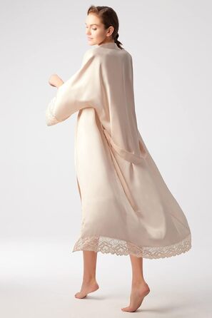 Халат жіночий довгий/короткий однотонний мереживний з рукавами з атласу, шовку, типу кімоно, для дому, літа, універсальний розмір, колір шампань