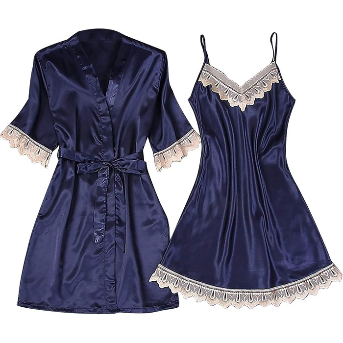 Жіночий халат-кімоно з мереживом, халат, нічна сорочка з довгим рукавом, babydoll, комплект, нічна сукня, кімоно, халат (темно-синій, XL)