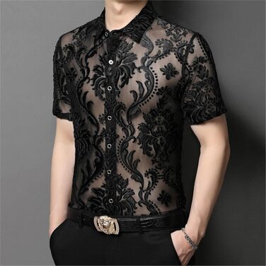 Чоловіча сорочка AWMew, мереживо, сітка, коротка, клубний стиль, чорна, розмір S