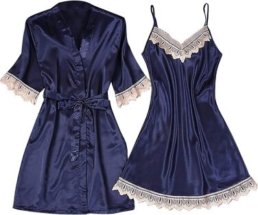 Жіночий халат-кімоно з мереживом, халат, нічна сорочка з довгим рукавом, babydoll, комплект, нічна сукня, кімоно, халат (темно-синій, XL)