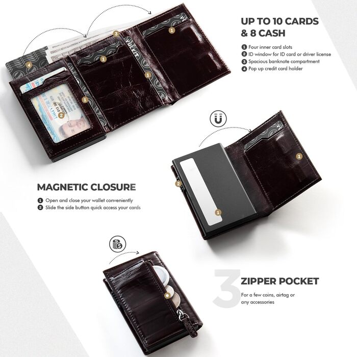Шкіряний гаманець для карток VULKIT з RFID-захистом, Pop-Up механізмом, відділенням для купюр, монет та вікном для ID (Dutch Martin Espresso)