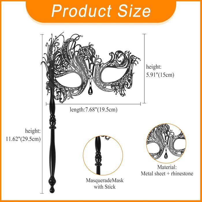 Венеціанська маска JewelryWe з держальником для жінок, металева маска з кристалами для маскараду, аксесуар до костюма для Хелловіну, карнавалу, вечірки, маскараду (чорна)