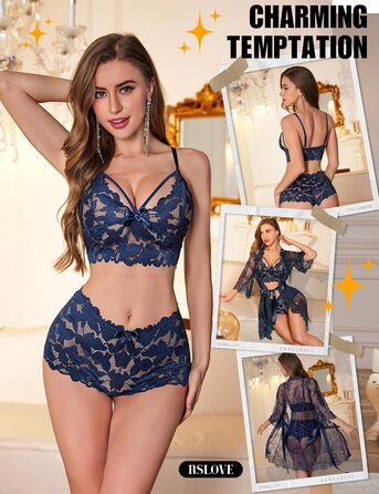 RSLOVE Комплект жіночої ніжної піжами: бюстгальтер, трусики та халат з мереживом, колір морської хвилі