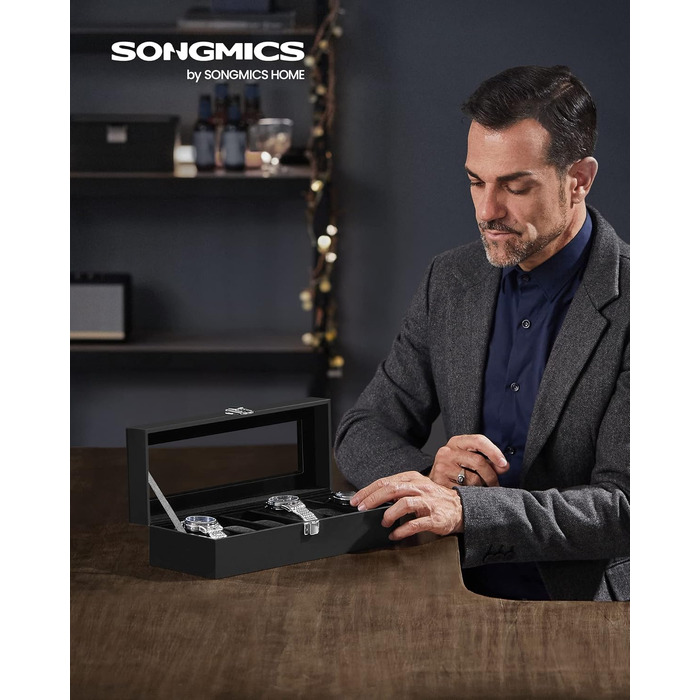 Бокс для годинників SONGMICS на 6 слотів зі скляною кришкою та знімними подушками, чорний, JWB06B01