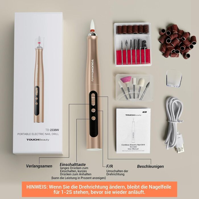 Електричний набір для манікюру та педикюру TOUCHBeauty: бездротовий апаратний фрезер з LCD-дисплеєм, 5 швидкостей, для гель-нігтів та акрилу, USB-зарядка