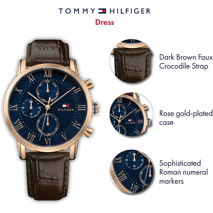 Чоловічий кварцовий годинник Tommy Hilfiger з багатофункціональним циферблатом, шкіряний ремінець, колір Rose Gold