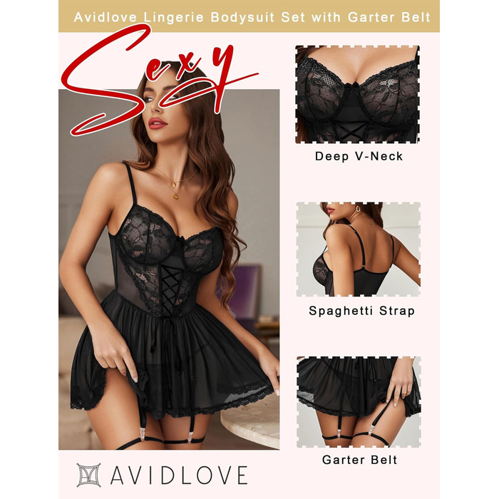 Сексуальна нічна сорочка Avidlove з мереживом, babydoll, сітка, чорна, з поясом для панчіх