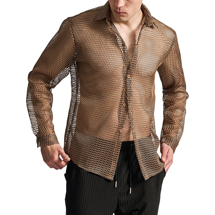 Чоловіча прозора сітчаста сорочка AIEOE: літня, мереживна, з довгим рукавом, для фестивалів, клубів, вечірок, костюм, коричневий