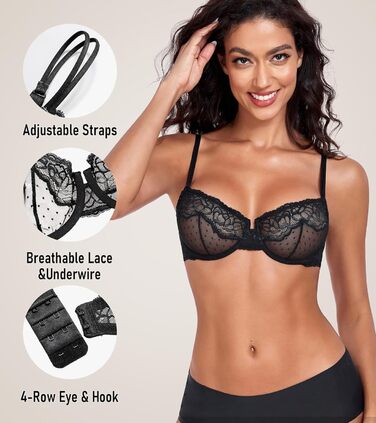 Чорний бюстгальтер Lemorosy з кісточками, мереживний, напівпрозорий, балконет, без підкладки, сітка, 75E