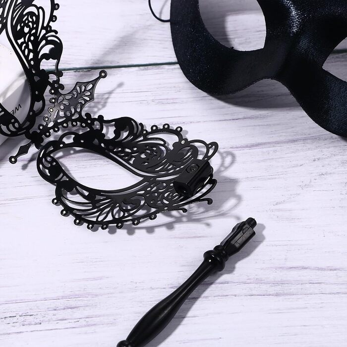 Маска для маскараду Venice Mask Set JewelryWe - пара масок з держателем, металева, з кристалами, чорна, аксесуари для карнавалу, Хелловіну, вечірки, маскарад