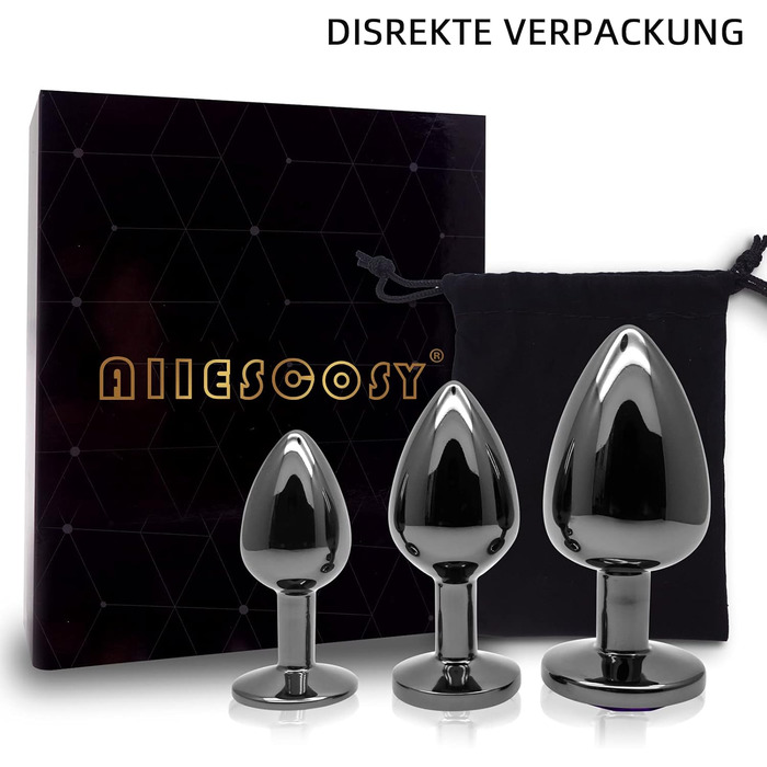 Набір анальних пробок 3 шт. з металу (Gunmetal) - велика, середня, мала. Підходить для початківців, жінок, чоловіків, пар.