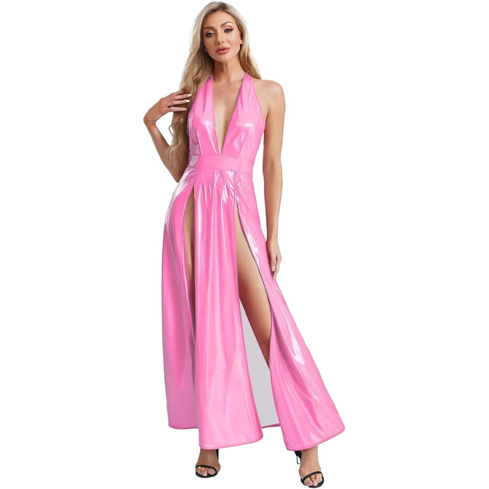 ТіаоБаг: Сукня з ефектом мокрого блиску, без бретелек, з глибоким V-подібним вирізом, з розрізом, рожевого кольору, для дому та вечірок