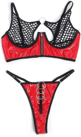 Сексуальний комплект нижньої білизни: мереживний бюстгальтер з ремінком та трусики. Бюстгальтер з кісточками, на блискавці, висока талія, лак, прозорий, чорно-червоний, великі розміри S-2XL