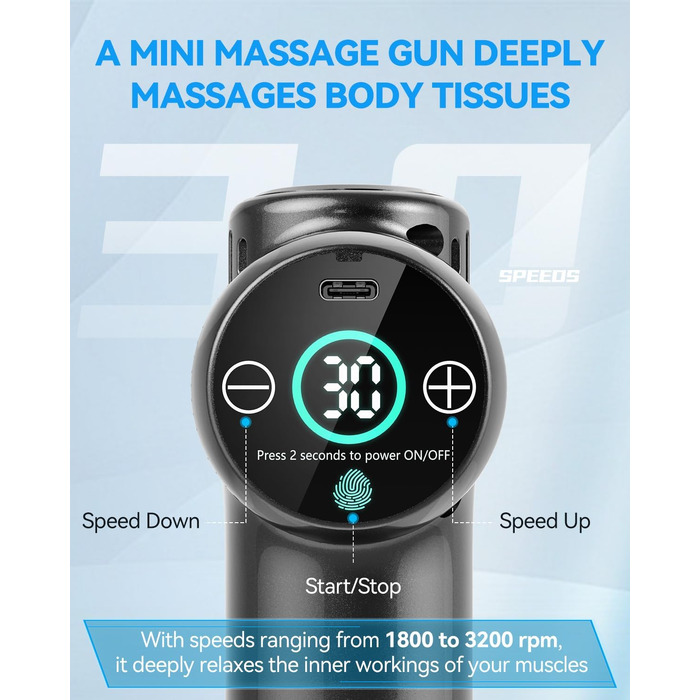 Міні-масажер перкусійний Mini Massage Gun для глибокого масажу тканин, 30 рівнів швидкості, LCD-дисплей, портативний пістолет від м'язового болю та скутості