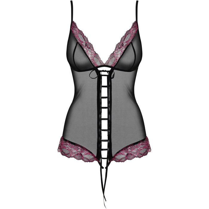 Корсет-боді Obsessive Zarter з витонченою мереживом та шнуванням, чорний (XXL), подарункова коробка