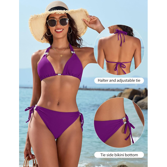 Бікіні жіночий Triange Bikini Set Lila XL - Сексуальний стрінг, суцільний купальник з push-up, з перлами