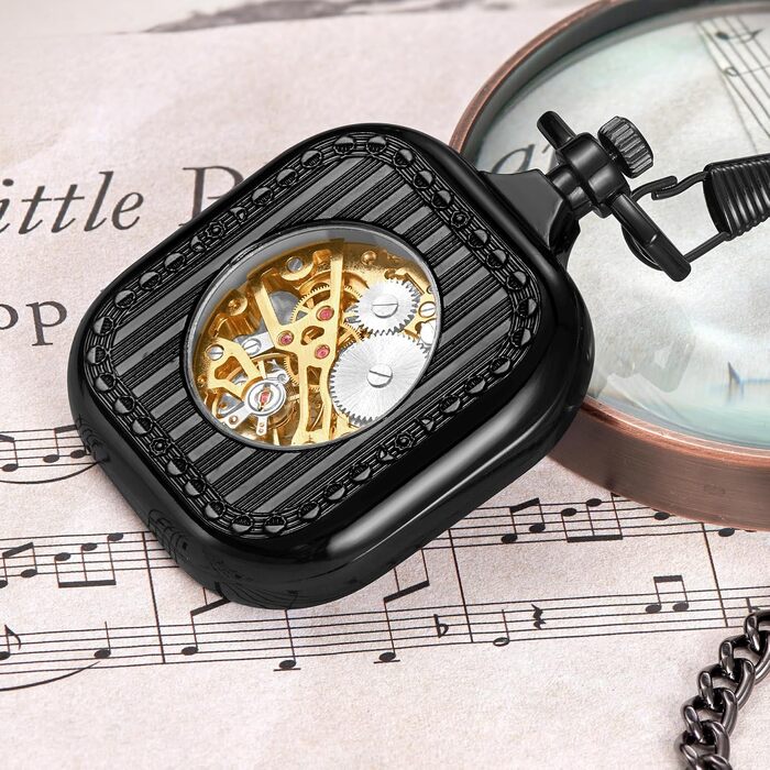 Механічний кишеньковий годинник ShoppeWatch з ланцюжком для чоловіків, ручний завод, прозорий циферблат у стилі стімпанк, чорний