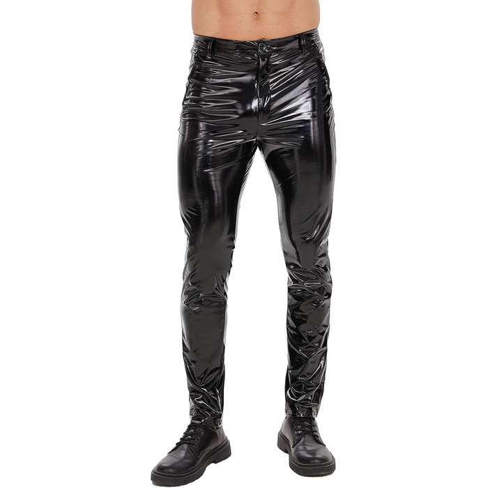 Чоловічі шкіряні штани Xokesy з блискучої шкіри, сексуальний вигин з блискавкою, еластична PU-шкіра, прямі, повсякденні штани для костюмів, косплею, нічного клубу (38, чорний)