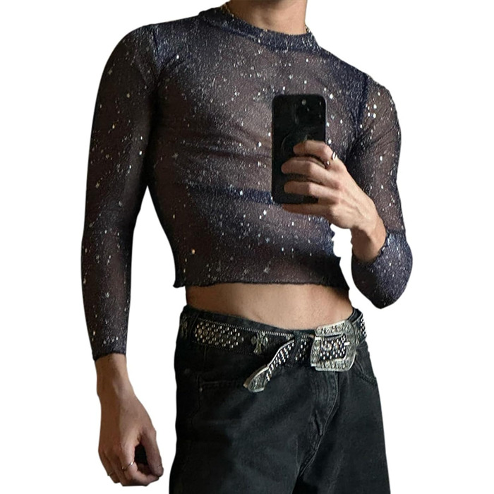 Футболка з довгим рукавом з блискітками для чоловіків, мереживна, прозора сітка, XL, фіолетовий