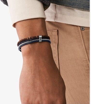 Чоловічий ремінець для годинника Fossil Vintage Casual зі шкіри та нержавіючої сталі, сріблястий з коричневим, з карабіном та застібкою