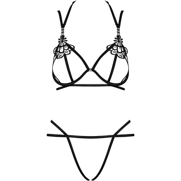 Сексуальний жіночий комплект білизни Selente Love & Fun: бюстгальтер, танга, пояс для живота (опціонально), шовкова маска для очей. Виготовлено в ЄС (S-M, чорний з бретельками, мереживний).