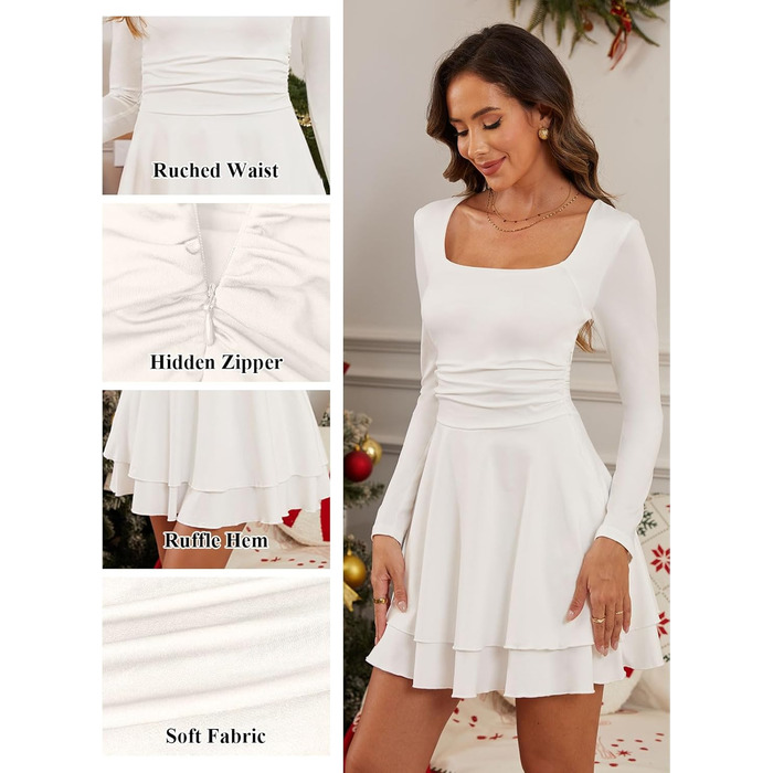 Біле міні-плаття з довгим рукавом, облягаюче, з рюшами, квадратний виріз, для вечірок та клубів