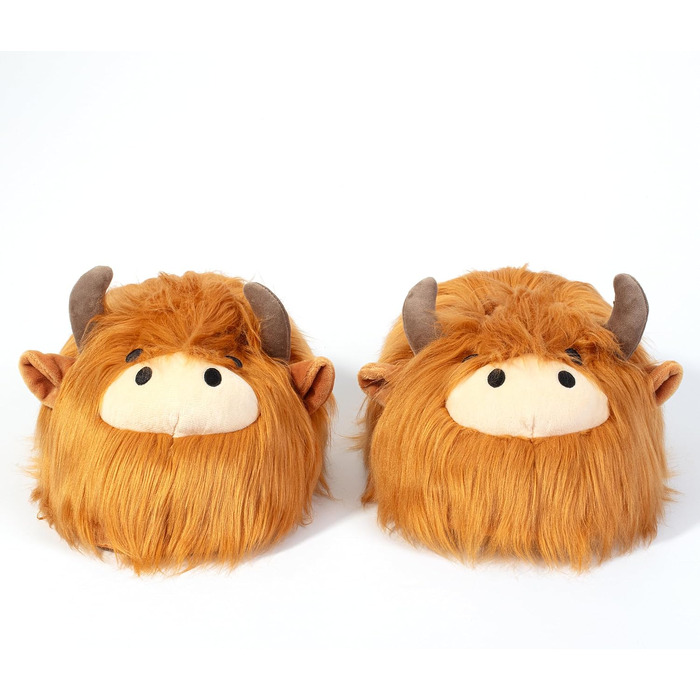 Плюшеві капці Corimori Bessie Highland Cow (шотландська корова) з гнучкою підошвою та гумкою, універсальний розмір (дитячий 25-33.5 та дорослий 34-44)