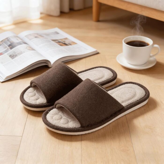 Унісекс капці для дому Dokela з ефектом пам'яті (Memory Foam), дихаючі бавовняні тапочки відкриті, протиковзкі, літні (розмір 35/36 EU, колір кава)