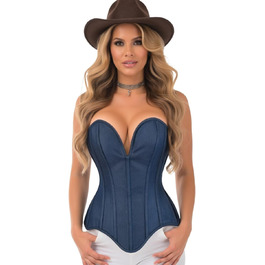 Корсет Daisy Corsets з темного джинсу з глибоким декольте, Overbust, сталеві ребра, блакитний, для жінок