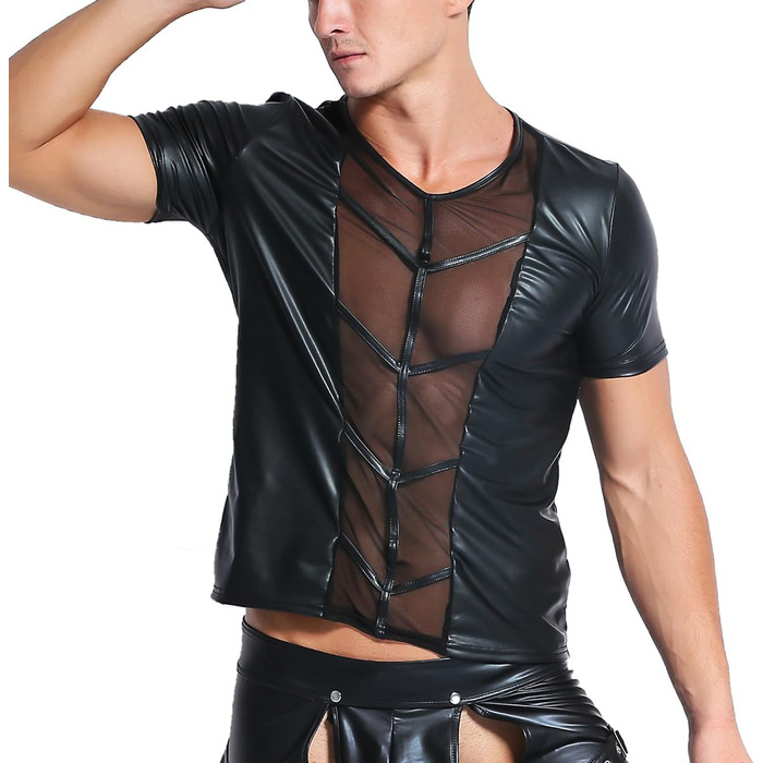 Чоловіча сорочка з еластичної шкіри з сітчастою вставкою. Стильна футболка-майка з ефектом лакованої шкіри, чорного кольору. Slim Fit, короткий рукав, для клубів, літня модель, обтягуюча. XL