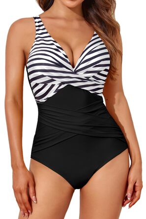 Купальник жіночий Smismivo з ефектом Push Up та корекцією живота, з ретро-стилем, чорний з смугами (S)