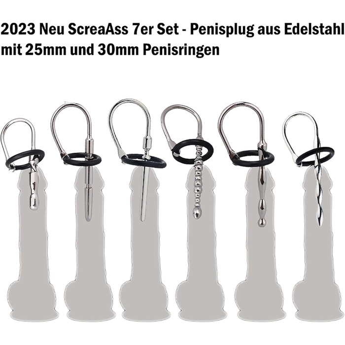 Набір з 6 шт. сталевих дилататорів для чоловіків (25 мм, 30 мм) з кільцем, для простати, мастурбації, срібло
